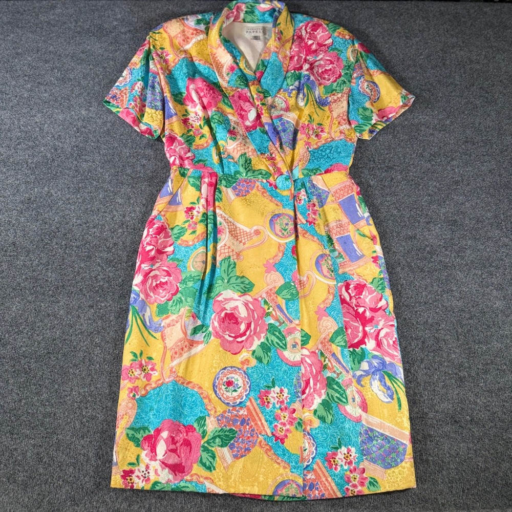 Adrianna Papell Vintage 100% Silk Floral Dress 14 Yellow Pink Tea Set Midi Wrap